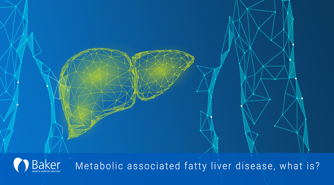 A stylized, geometric representation of a liver is displayed alongside a skeletal outline, accompanied by text inquiring about metabolic dysfunction-associated fatty liver disease.