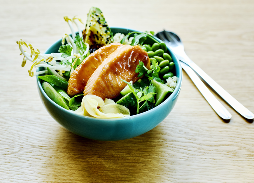 Miso glazed ocean trout poke bowl with quinoa and avocado