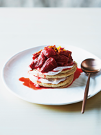 Wholemeal buckwheat pancakes with rhubarb, strawberries and whipped ricotta