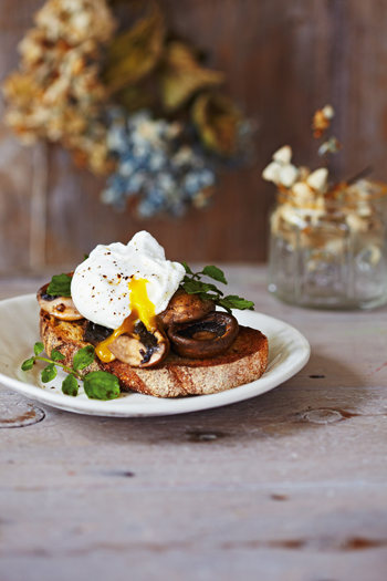 Marinated mushrooms with poached eggs