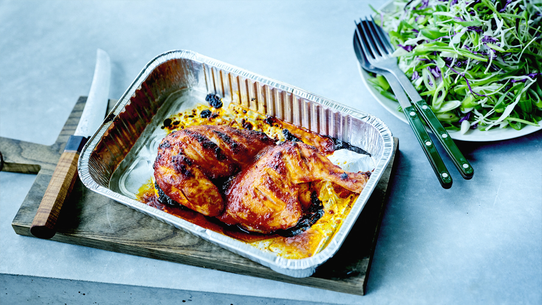 Korean BBQ chicken with white and red cabbage slaw