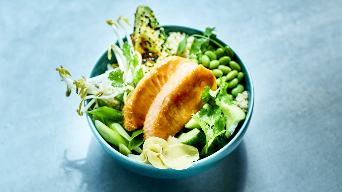 Miso glazed ocean trout poke bowl with quinoa and avocado