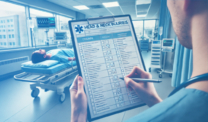 AI generated image of a nurse completing a head and neck injuries checklist